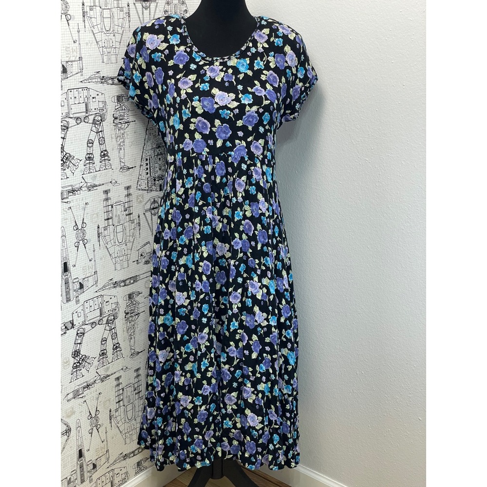 Petite Jazz Floral Maxi Dress 8 Black Purple Blue Vintage 90s Grunge Cottagecore